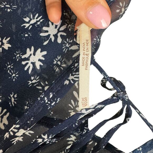 Free People Navy White Floral Long Sleeve Back Tie Blouson Bohemian Midi Dress - Picture 14 of 16